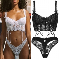 Sexy Solid Color Lace-up Hollow Out Lace Underwear Bra Set