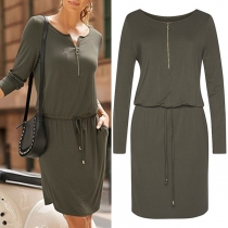 Casual Zipper-neck Mini Dress with  Drawstring Waist