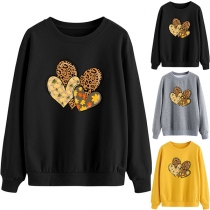 Casual Style Leopard Heart Pattern Long Sleeve Round Neck Sweatshirt