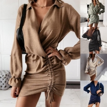 Sexy V-neck Irregular Drawstring Hem Long Sleeve Solid Color Dress