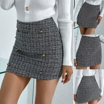 Fashion High Waist Slim Fit Front-button Plaid Skirt