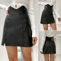 Fashion Solid Color High Waist Slit Hem Slim Fit PU Leather Skirt