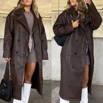 Fashion Solid Color Long Sleeve Notched Lapel PU Leather Windbreaker Coat