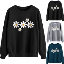 Casual Style Long Sleeve Round Neck Flower Pattern Loose Sweatshirt