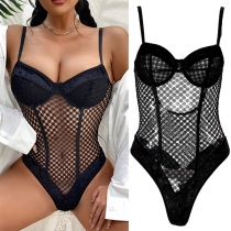 Sexy Backless V-neck Hollow Out Grid Spliced One-piece Sling Lingerie