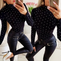 Fashion Long Sleeve Mock Neck Rhinestone Spliced Bottoming Top