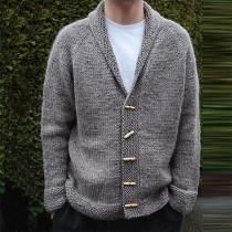 Fashion Solid Color Long Sleeve Lapel Horn Button Man's Knit Cardigan