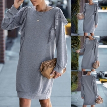 Fashion Solid Color Long Sleeve Round Neck Lace Spliced Ruffle Loose Dress