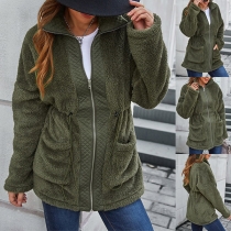 Fashion Solid Color Long Sleeve Stand Collar Drawstring Waist Plush Warm Coat