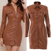 Fashion Long Sleeve POLO Collar Single-breasted Slim Fit PU Leather Dress