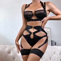 Sexy Hollow Out Buckle See-through Gauze Spliced Lingerie Set