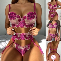Sexy See-through Gauze Spliced Peony Embroidery Lingerie Set