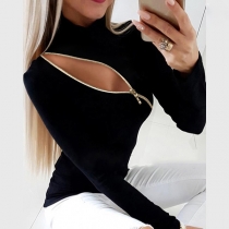 Sexy Long Sleeve Mock Neck Hollow Out Bottoming Top