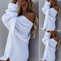 Sexy Oblique Shoulder Long Sleeve Solid Color Loose Sweater Dress