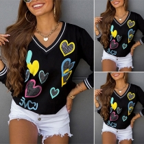 Fashion Long Sleeve V-neck Rhinestone Hear Printed Top