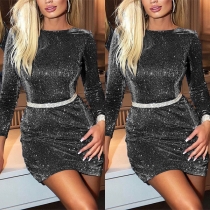 Sexy Backless Long Sleeve Round Neck Slim Fit Shinning Party Dress