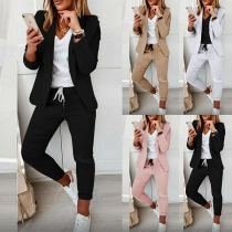 OL Style Long Sleeve Solid Color Blazer Coat + Pants Two-piece Set