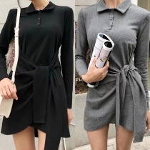 Fashion Solid Color Long Sleeve POLO Collar Lace-up Dress