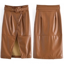 Fashion High Waist Front Slit Hem Slim Fit PU Leather Skirt