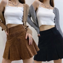 Fashion Solid Color High Waist Pleated Hem Corduroy Skirt