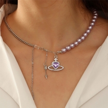 Fashion Rhinestone Heart Tassel Pendant Pearl Necklace