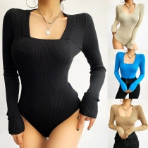 Sexy Square Collar Long Sleeve Solid Color Knit Bodysuit