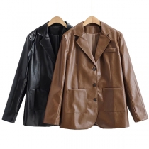 Retro Style Long Sleeve Notched Lapel PU Leather Coat