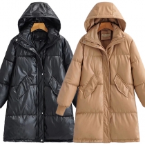 Fashion Solid Color Long Sleeve Hooded PU Padded Coat