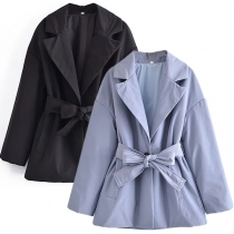 Retro Style Solid Color Long Sleeve Bow-knot Tie-belt Coat