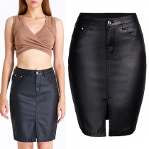 Fashion Solid Color High Waist Slit Hem PU Leather Skirt