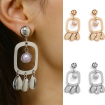 Fashion Pearl Inlaid Hollow Out Square Alloy Earrings