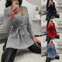 Sexy V-neck Long Sleeve Tie-belt High Waist Knit Top