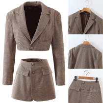OL Style Long Sleeve Short-style Plaid Blazer Coat + High Waist Skirt Two-piece Set
