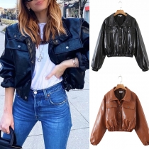 Retro Style Long Sleeve POLO Collar Elastic Hem Solid Color PU Leather Jacket