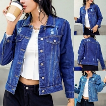 Fashion Long Sleeve POLO Collar Single-breasted Ripped Denim Coat