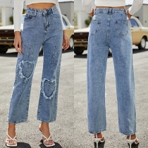 Fashion High Waist Heart Tassel Straight-leg Jeans