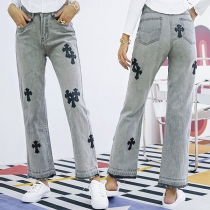 Fashion High Waist Cross Pattern Straight-leg Jeans