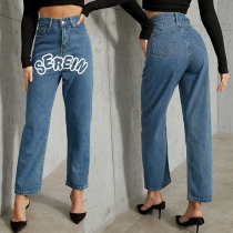 Casual Style Letters Printed High Waist Straight-leg Jeans