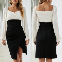 Sexy Square Collar Slit Hem Long Sleeve High Waist Contrast Color Dress