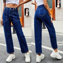 Casual Style High Waist Big-pocket Straight-leg Jeans