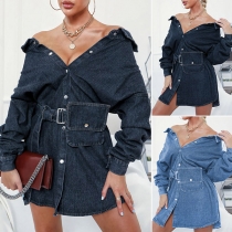 Sexy Off-shoulder Boat Neck Long Sleeve Tie-belt Denim Dress
