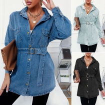Retro Style Long Sleeve POLO Collar Denim Coat with Waist Strap