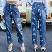 Casual Style High Waist Star Printed Straight-leg Jeans