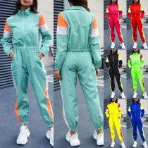 Sports Style Contrast Color Long Sleeve Stand Collar Sweatshirt Coat + Pants Two-piece Set