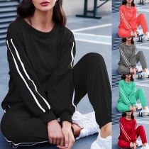 Casual Style Striped Spliced Long Sleeve Loose Top + Pants Sports Two-piece Set