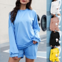 Fashion Solid Color Long Sleeve Round Neck Loose Top + Shorts Sports Suit
