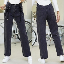 Fashion Lace-up High Waist Straight-leg Jeans
