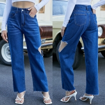 Fashion High Waist Hollow Out Ripped Straight-leg Jeans