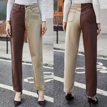 Chic Style High Waist Contrast Color Straight-leg Pants