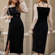 Sexy Gauze Spliced Long Sleeve Square Collar Slit Hem Front-button Dress